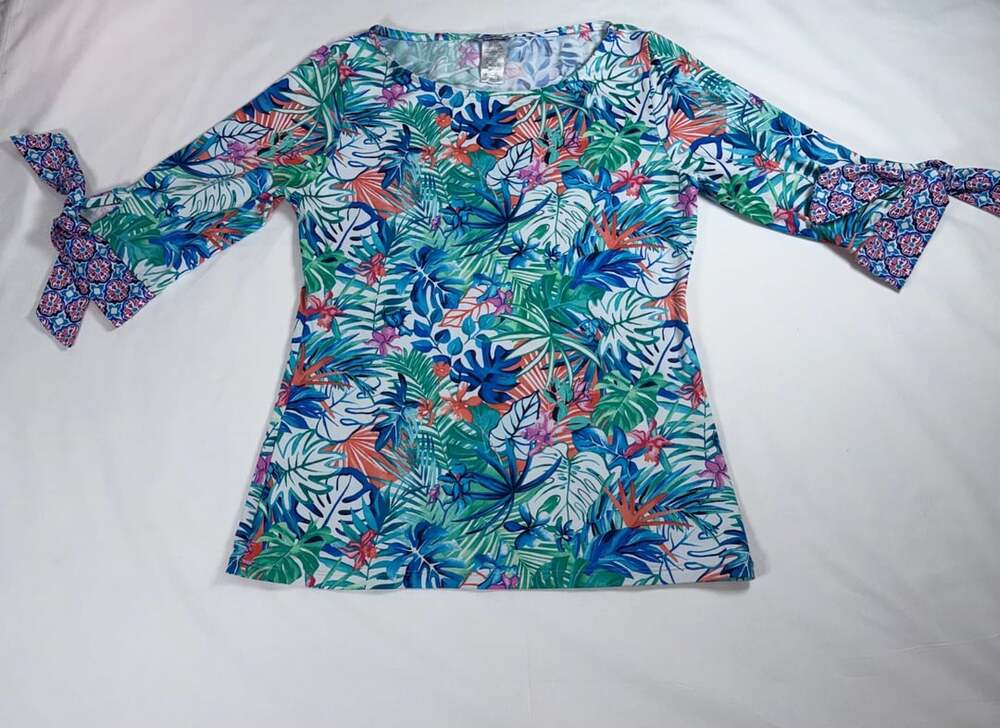 Tommy Bahama Women’s L Tropical Floral Tunic Top Tie Sleeve Stretch Resort